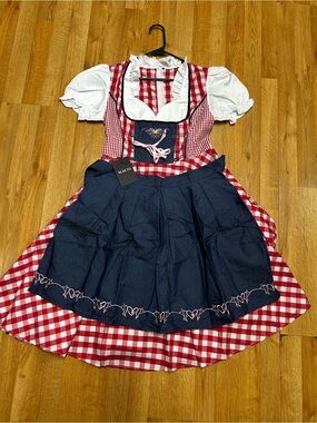 Classic Red Gingham Dirndl Dress with Navy Apron